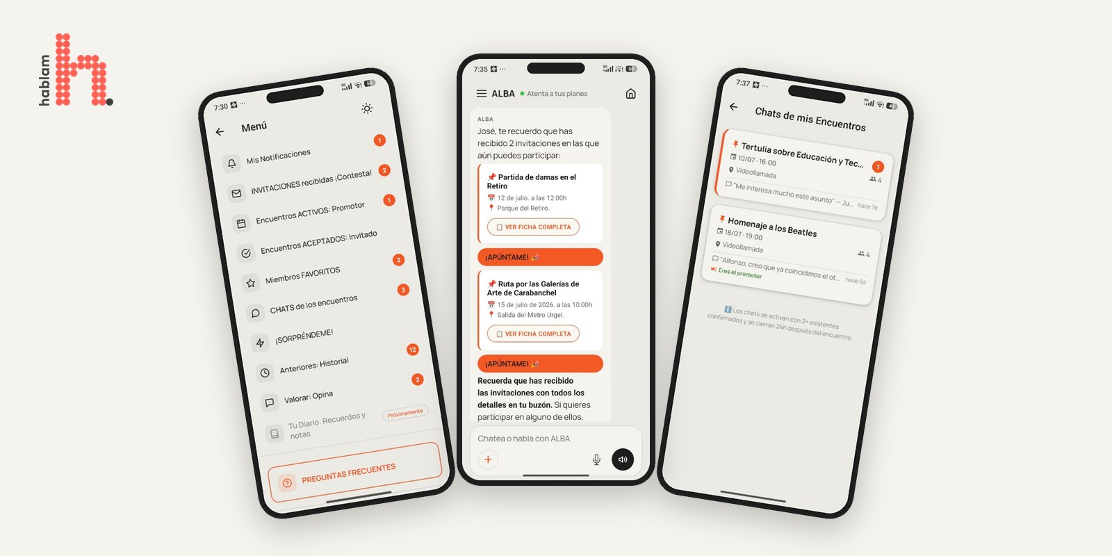 Tres pantallas de la Comunidad Hablam: el menú, la conversación con ALBA con invitaciones a encuentros y los chats de los encuentros
